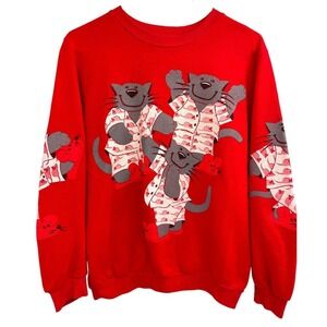 Vintage Cats In Pajamas And Mouse Slippers Sweatshirt Scarab Red Retro Sz Medium